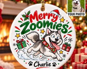 Merry Zoomies Custom Pet Photo Ornament, Personalized Dog Ceramic Ornament, Funny Christmas Gift for Dog Lover, Pet Portrait Keepsake