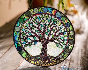 Acchiappasole in vetro colorato con l'albero della vita, decorazione da appendere alla finestra con l'albero della vita, ciondolo a forma di albero del mondo, decorazione per la casa, regali per la nuova casa