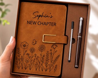 Personalized New Chapter Journal Notebook & Pen Set, Custom Leather Notebook Gift, Graduation Gift, New Job Gift, Retirement Gift
