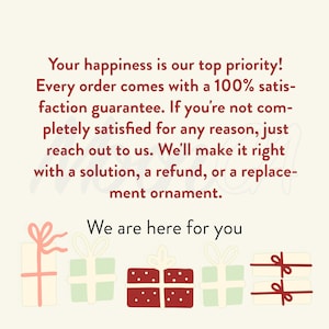 May include: A cream-colored graphic with text that reads, "Your happiness is our top priority!" and "We are here for you." The image includes illustrations of wrapped gifts in various colors, including red, green, and white.