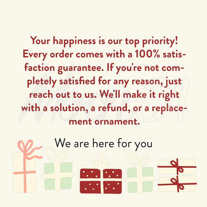 May include: A cream-colored graphic with text that reads, "Your happiness is our top priority!" and "We are here for you." The image includes illustrations of wrapped gifts in various colors, including red, green, and white.