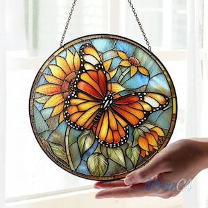 Butterfly And Sunflowers Stained Glass Suncatcher, Butterfly Ornament Glass, Gifts For Women, Window Hanging, Indoor Decor, Butterfly Lover