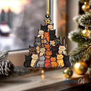 Cute Cat Kitten Christmas Tree Suncatcher Ornament, Acrylic Window Hanging Ornament for Cat Lover, Xmas Ornament Home Decor, Gift for Her
