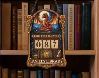 Personalized Books Read Tracker, Books Read This Year, Bookish Decor, Red Dragon Bookshelf Counter With Name, Birthday Gift For Book Lover