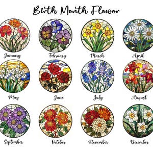 Birth Flower Suncatcher Ornament, Birth Month Flower Stained Glass Window Hanging, Birth Flower Gift For Grandma, Mothers Day Gift For Mom