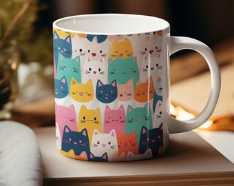 Cute Cat Mug, 11oz, 15oz, Cat Pattern Mug, Colorful Cat Mug, Cat Owner Mug, Mug With Cats, Cat Mug, Gifts for Cat Lovers