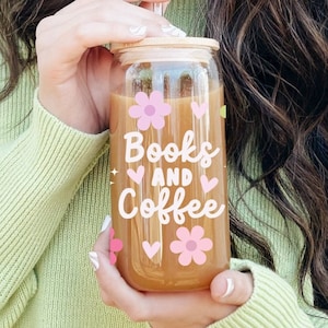 Bücher und Kaffee Glas Tasse: 16oz Becher mit Bambus Deckel & Strohhalm