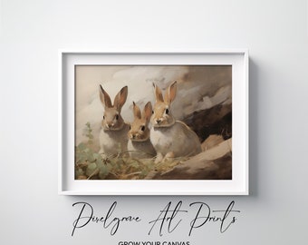 Three Bunnies Landscape Art Painting Country Nursery Wall Art Easter Decor Digital Wall Art