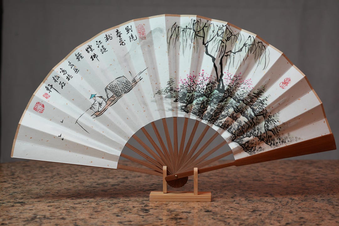 Hand-painted Chinese Folding Fan, Japanese Spring Landscape Ink Art ...