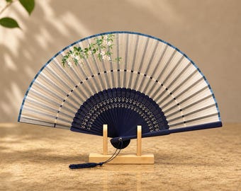 Japanese/Chinese Silk Folding Fan, Gray Plum Blossom Print, Bamboo Ribs