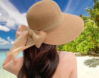 Large Bow Summer Straw beach Hat, Vacation beach hat, Oversized bow straw hat, Wide brim sun hat with bow, Summer hat, Sun Hat, Beach Hat