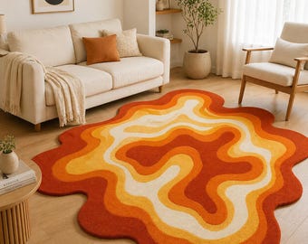 Retro Orange Abstract Irregular Shape Rug, Modern Tufted Wavy Carpet