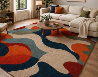 Alfombra abstracta de lana tejida a mano, alfombra moderna y colorida, alfombra contemporánea para sala de estar, alfombra hecha a mano a medida, decoración para dormitorio