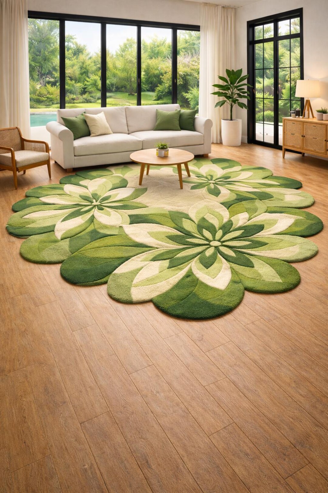 Hand Tufted Wool Flower Rug, Green Botanical Floral Carpet, Custom ...