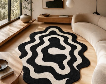 Hand-Tufted Abstract Wavy Rug, Black White Swirl Carpet, Irregular Shape Home Decor