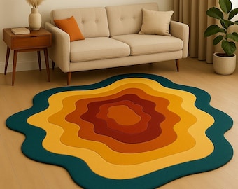 Irregular Wavy Rug, Mid-Century Modern Abstract Carpet, Hand-Tufted Plush Floor Mat