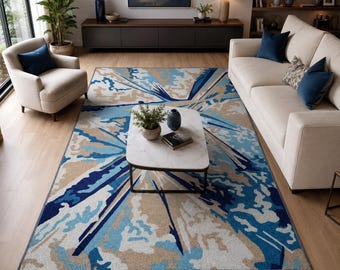 Hand Tufted Wool Abstract Blue Area Rug, Modern Living Room Carpet