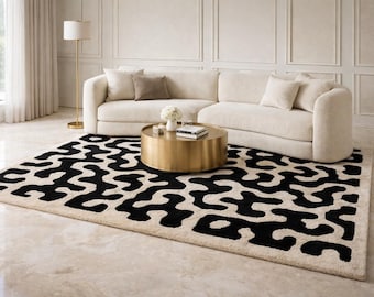 Hand-Tufted Wool Rug | Abstract Black Ivory Wavy Pattern Carpet