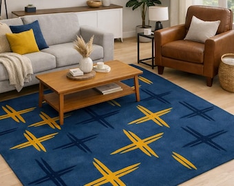 Hand-Tufted Wool Area Rug | Blue & Mustard Geometric Pattern