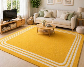 Mustard Yellow Area Rug, Modern Minimalist Carpet, Soft Plush Scandinavian Bedroom Rug