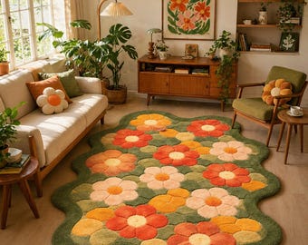 Tufted Flower Rug, Retro Boho Nursery Carpet, Soft Plush Kids Room Decor