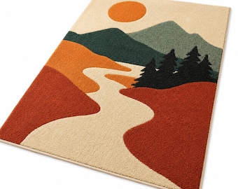 Hand Tufted Area Rug | Boho Mountain Landscape, River Sunset