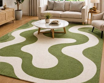 Green Abstract Wavy Hand-Tufted Wool Blend Area Rug, Modern Living Room Carpet
