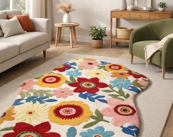 Hand-Tufted Floral Wool Rug | Retro Irregular Shape, Colorful Boho Home Decor