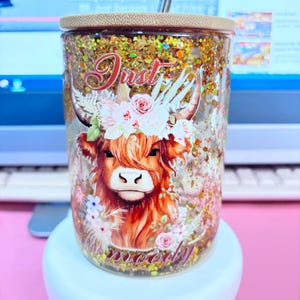 Moody cow snow globe cup, moody cow, snow globe, cup with bamboo lid, cute moody cow cup, highland cow cup, 16oz cup with straw