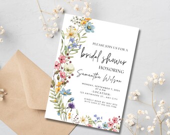 Wildflower Bridal Shower Invitation | Floral Spring Summer Bridal Shower Invite | Colorful Wildflowers | Editable Canva Template | Floral