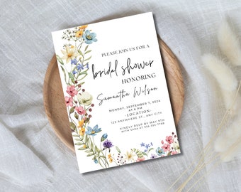 Wildflower Bridal Shower Invitation | Floral Spring Summer Bridal Shower Invite | Colorful Wildflowers | Editable Canva Template | Floral