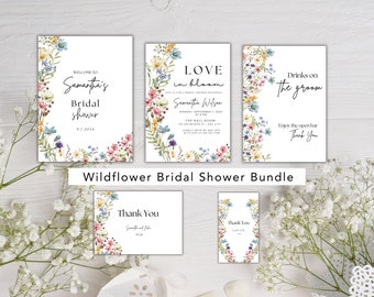 Love in Bloom Bridal Shower Invitation Bundle | Wildflower Bridal Shower Invite | Colorful Wildflowers | Editable Template | Floral Boho