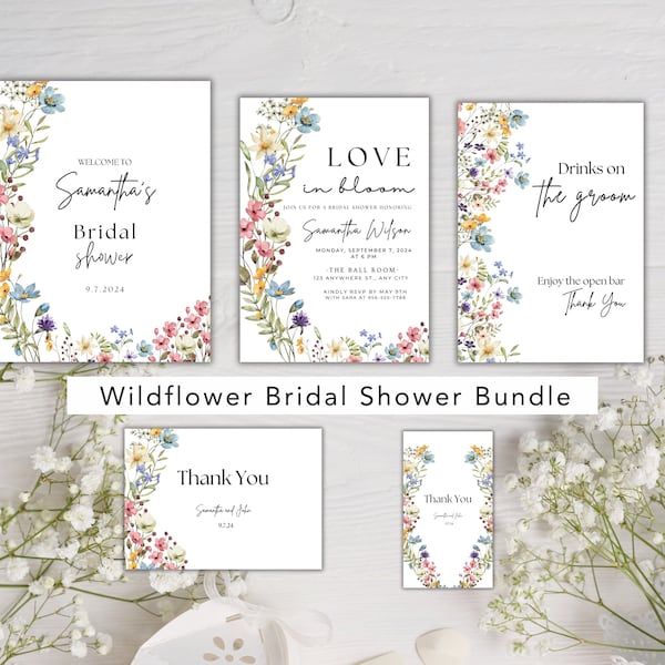 Love in Bloom Bridal Shower Invitation Bundle | Wildflower Bridal Shower Invite | Colorful Wildflowers | Editable Template | Floral Boho