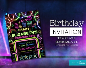 Glow Birthday Party Invitation | Glow Invitation | Neon Party Invitation | Girl Birthday | Boy Birthday | Editable Invitation Template