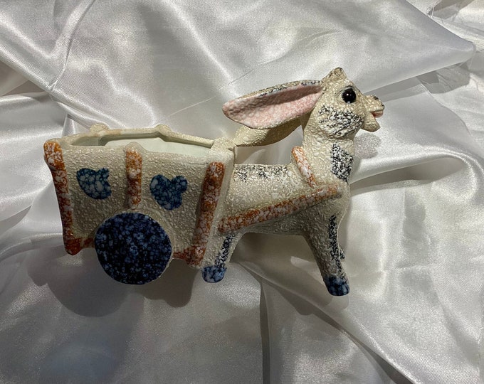 Vintage Speckled Glaze Ceramic Donkey Pulling Cart Planter. Very Unique!