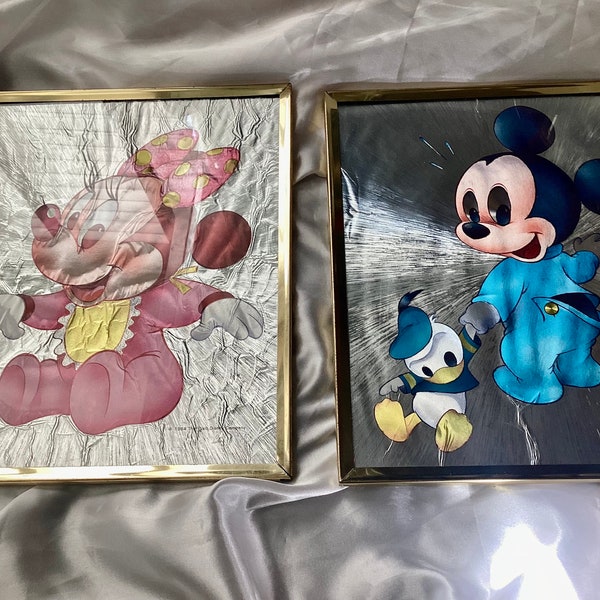 Vintage 1984 Disney Babies Baby Mickey & Minnie Mouse Framed Metallic Foil Art. Rare Find!