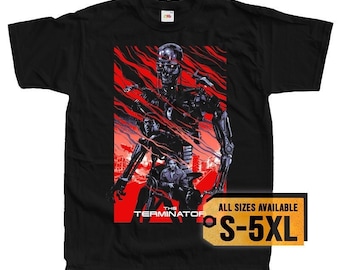 May include: Black t-shirt with a graphic of the Terminator from the movie "The Terminator". The graphic is in red, black, and white. The text "The Terminator" is printed on the bottom of the graphic. The text "All Sizes Available S-5XL" is printed on a yellow tag.