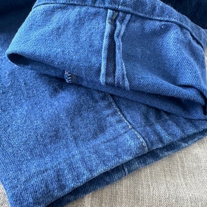 May include: Close-up of a pair of blue denim jeans folded in half, showing the inside seam and the raw edge of the fabric.