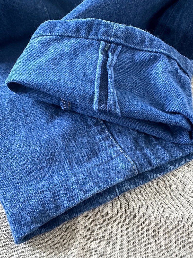 May include: Close-up of a pair of blue denim jeans folded in half, showing the inside seam and the raw edge of the fabric.