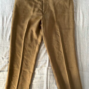 May include: A pair of brown, straight-leg pants with a flat front and a zipper fly.