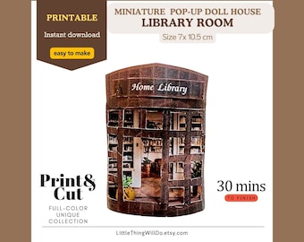 Miniature Library Room Paper Doll House: Printable 3D Template (Digital Download)