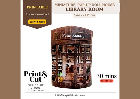 Miniature Library Room Paper Doll House: Printable 3D Template (Digital Download)