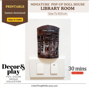 May include: Printable miniature pop-up dollhouse library room, 7 cm by 10.5 cm, with a brown and white colour scheme. The dollhouse is labelled "Home Library" and is ready to be assembled. The image also includes the text "Decor & play", "Full-colour unique collection", and "30 mins to finish".