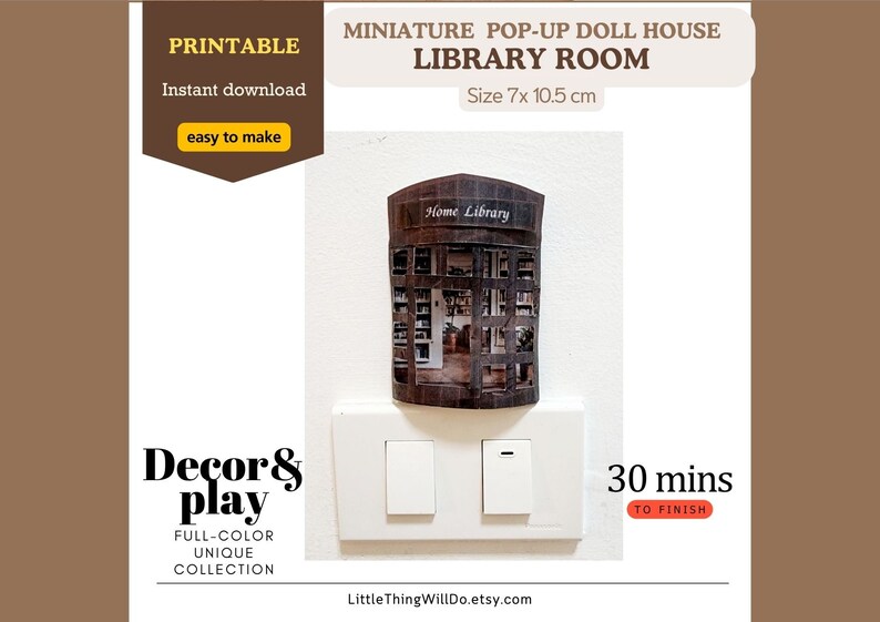 May include: Printable miniature pop-up dollhouse library room, 7 cm by 10.5 cm, with a brown and white colour scheme. The dollhouse is labelled "Home Library" and is ready to be assembled. The image also includes the text "Decor & play", "Full-colour unique collection", and "30 mins to finish".