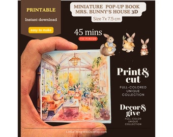 Mrs. Bunny's House vintage unique miniature dollhouse pop-up book with characters DIY personalized gift printable template easy to make