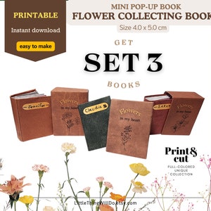 Könnte beinhalten: Set mit drei druckbaren Mini-Pop-up-Blumen-Sammelbüchern. Jedes Buch ist 4,0 x 5,0 cm groß und zeigt ein anderes Blumenmotiv mit einem personalisierten Namen auf dem Umschlag. Die Bücher sind braun mit goldenen Akzenten und perfekt zum Sammeln von gepressten Blumen.