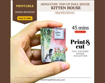 Kitten House Miniature pop-up book DIY/digital printable/adult activity/vintage dollhouse/cat person/easy paper house/paper house/Handmade