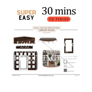 May include: Printable dollhouse miniature library room with a brown wooden sign that says "Little's Home Library" and a bookshelf with a window view. The instructions include "fold down", "fold up", "white area cut out", "glue front side", "glue back side", and "page 1 of 1".