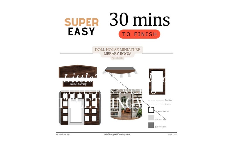 May include: Printable dollhouse miniature library room with a brown wooden sign that says "Little's Home Library" and a bookshelf with a window view. The instructions include "fold down", "fold up", "white area cut out", "glue front side", "glue back side", and "page 1 of 1".