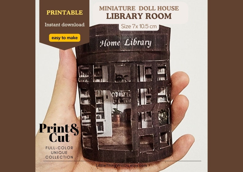 May include: Printable miniature dollhouse library room, measuring 7 cm by 10.5 cm. The model is made of brown paper and features a detailed interior with bookshelves and a plant. The front of the model has a sign that reads "Home Library".